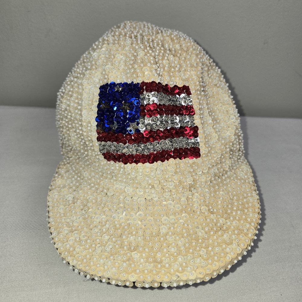 Vintage Sequin And Beaded American Flag Cap Women's Hat